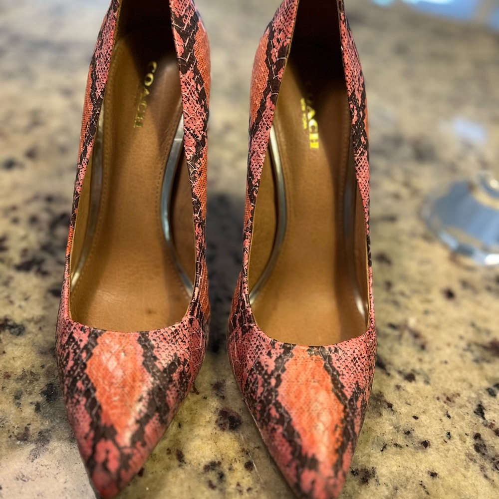 Coach a reptile embossed leather 4” heels. All leather, one of a kind.